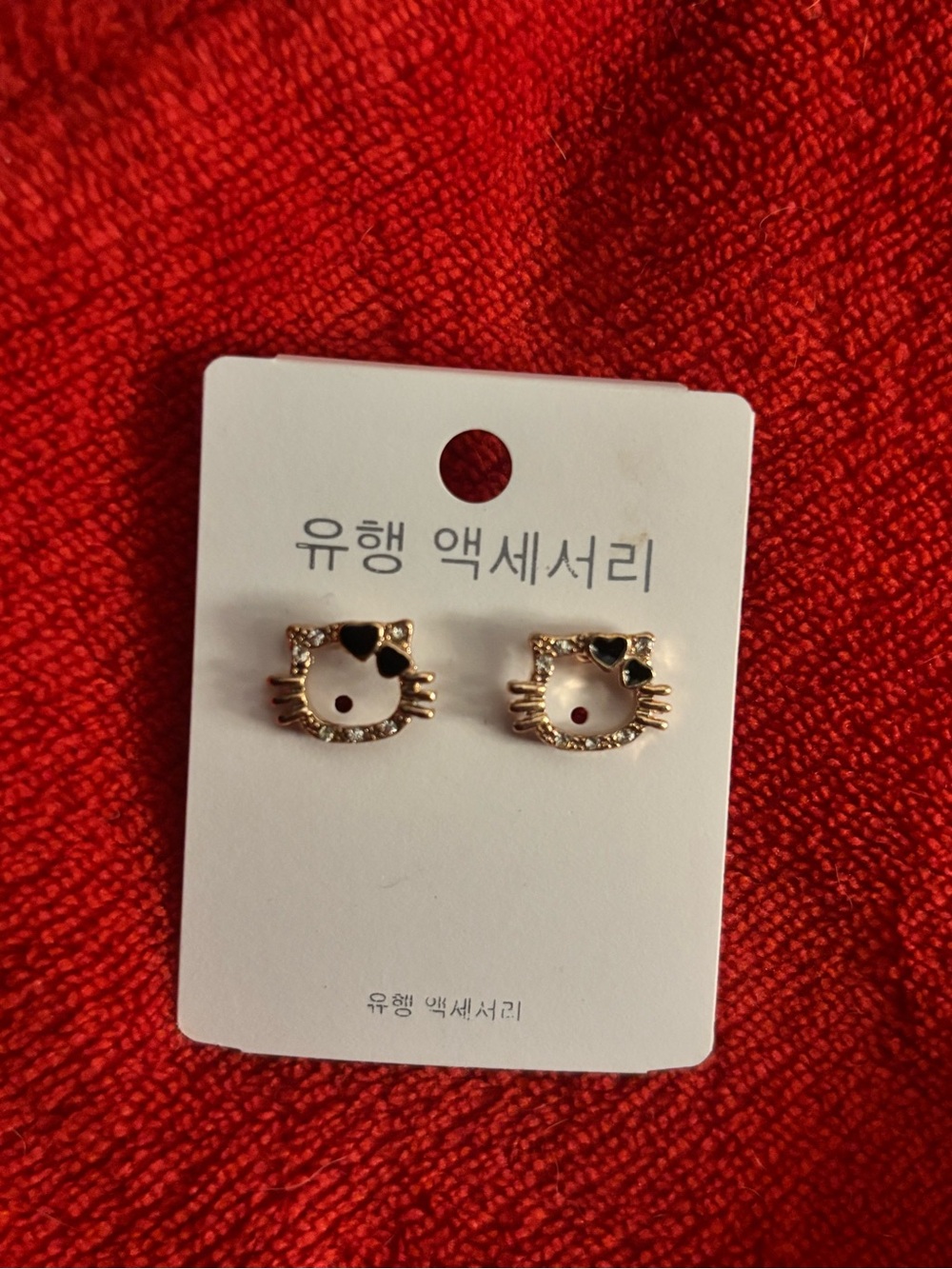 Gold Tone Rhinestone Cat Stud Earrings - Black Bow